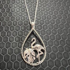 Flamingo and Palm Tree Leaf Necklace 18K White Gold Plated